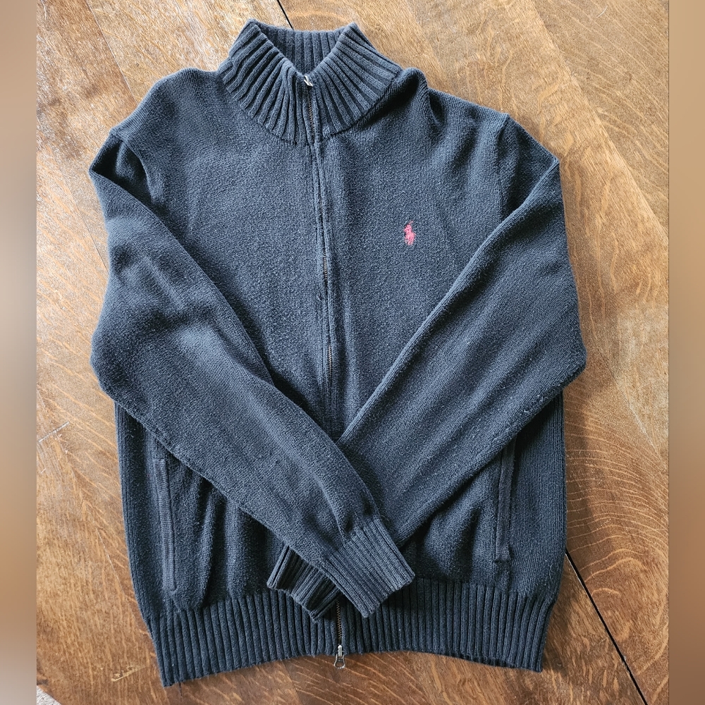 100% Cotton Polo by Ralph Lauren Zip Up Sweater Black Red Logo Medium